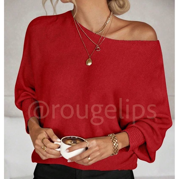 Rouge! Sweaters - Red Boat Neck Light Knit Sweater Batwing Sleeve Loose Fit, Stretchy